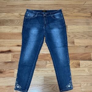 DKIN Indigo Ankle Jeans with White Embroidery